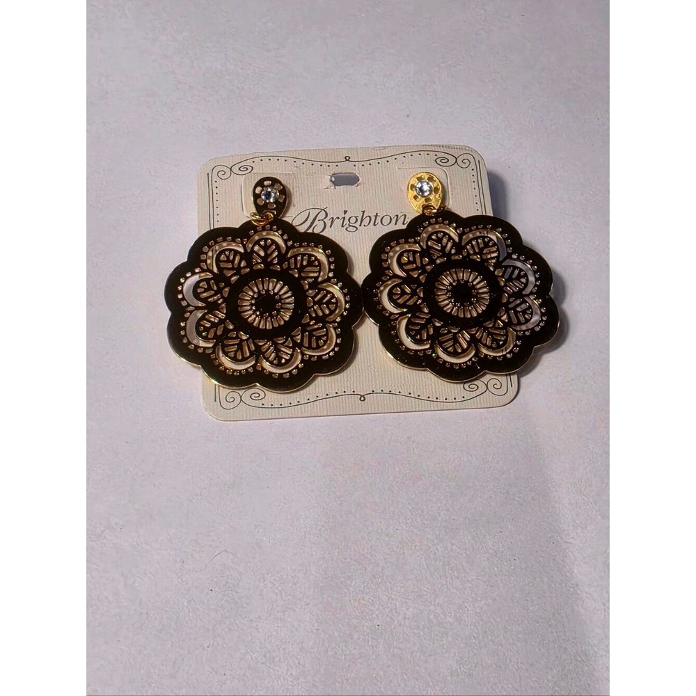 Brighton Gold Tone Filigree Mandala Flower Drop Earrings Crystal Accent Pouch